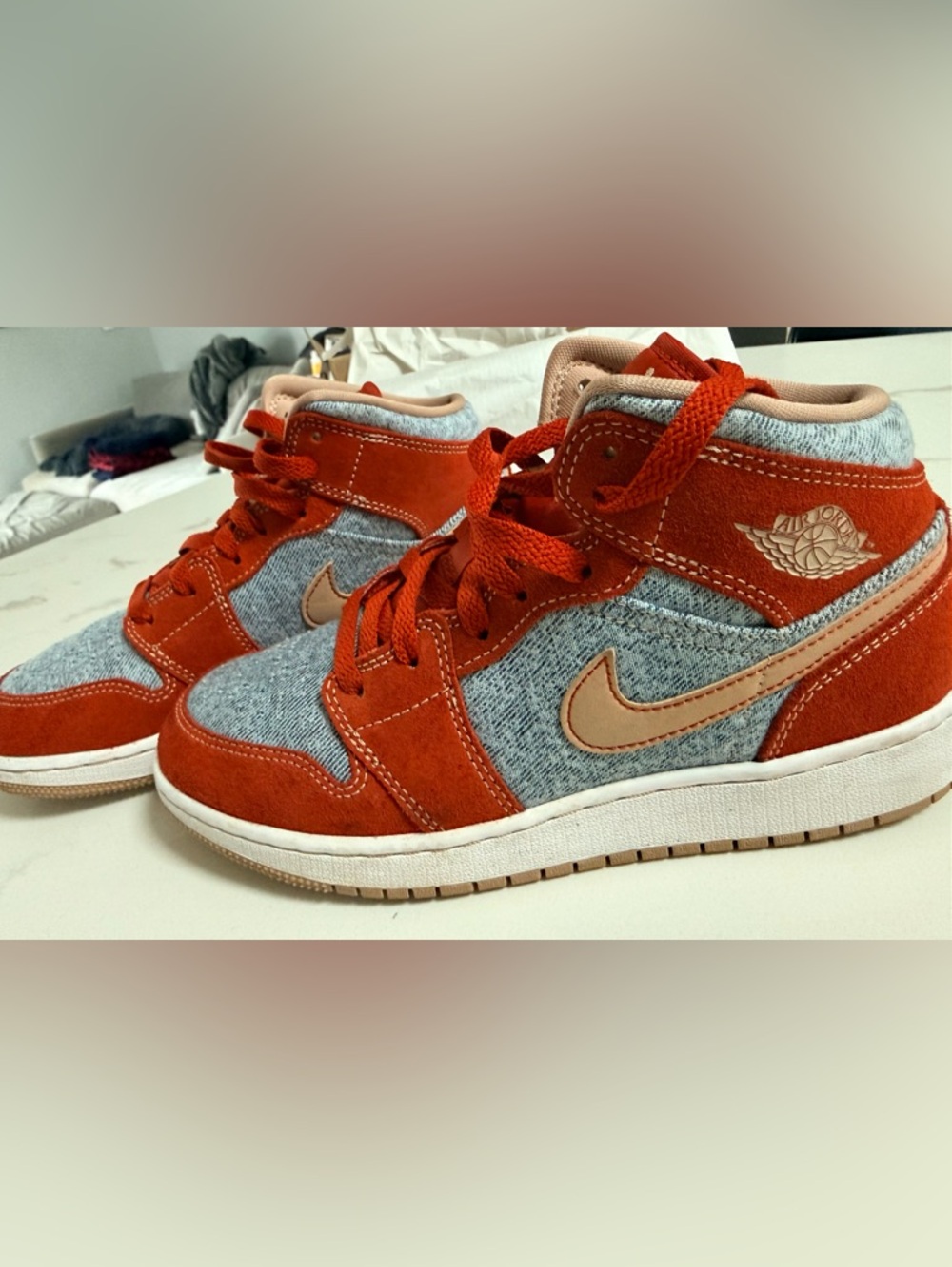 Jordan Kids Red Suede and Denim Mid Sneakers